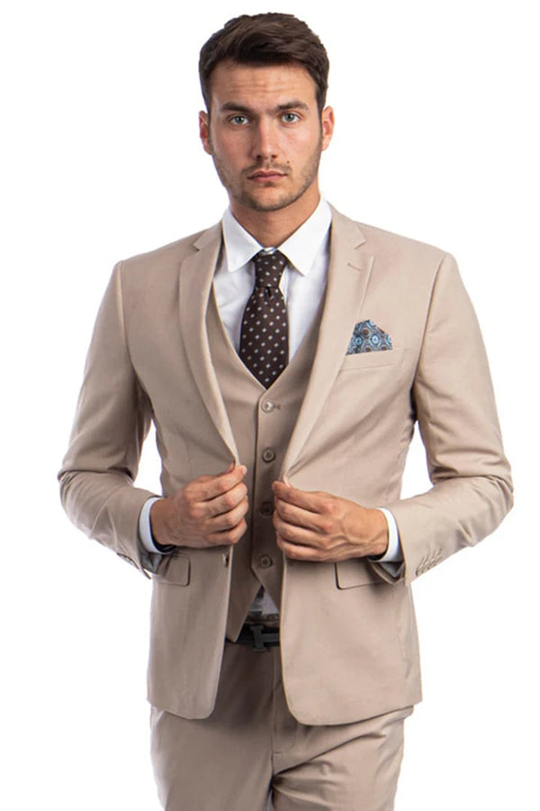 Men's Two Button Slim Fit Vested Solid Basic Color Suit in Medium Tan