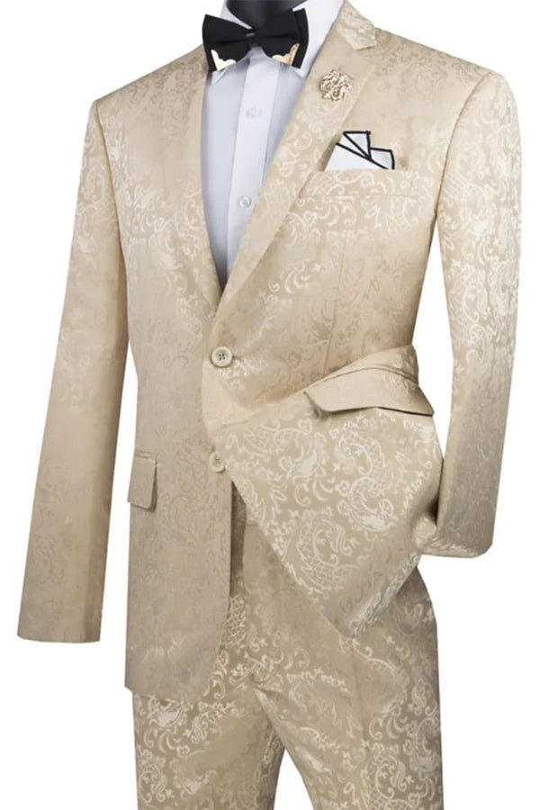 Men's Slim Fit Shiny Paisley Prom & Wedding  Beige Suit