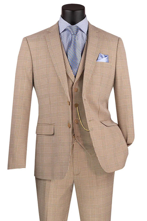 Tan Suits For Wedding - Tan Groomsmen Suits - Tan Plaid  Tuxedo