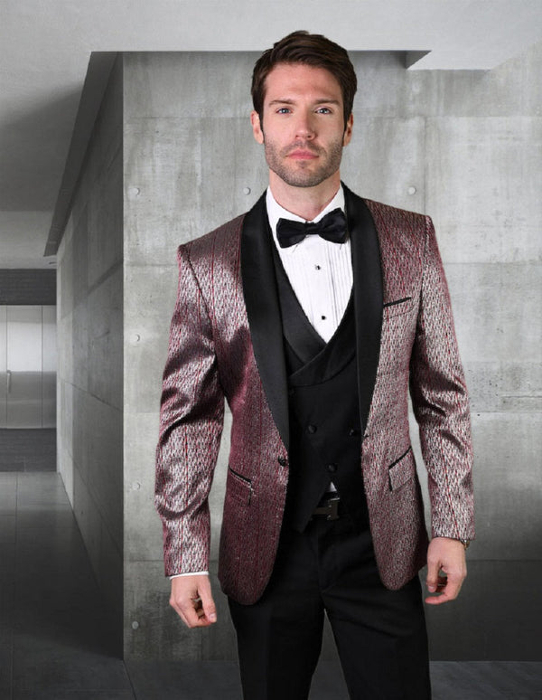 Mens Vested One Button Shawl Lapel Herringbone Tuxedo in Burgundy