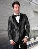 Mens Vested Peak Lapel Shiny Pattern Tuxedo in Black
