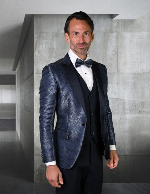 Mens Vested Peak Lapel Shiny Pattern Tuxedo in Navy