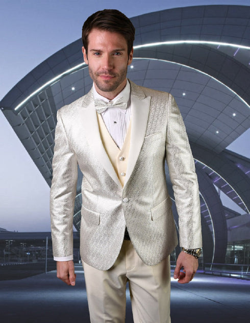 Mens Vested Peak Lapel Shiny Pattern Tuxedo in Ivory