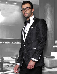 Mens Vested Swirl Patter Notch Lapel Tuxedo in Black
