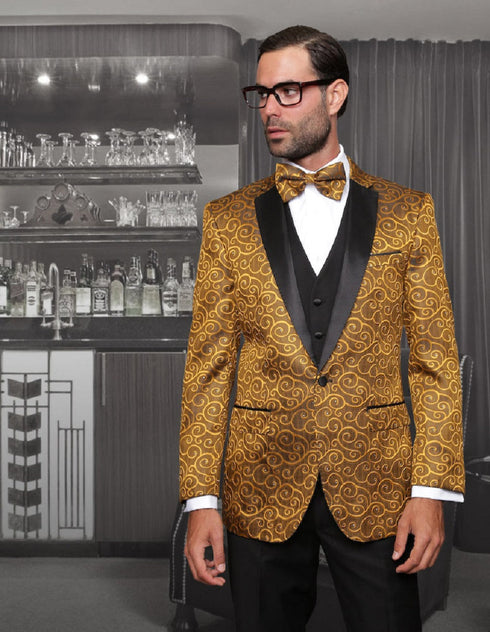 Mens Vested Swirl Patter Notch Lapel Tuxedo in Gold