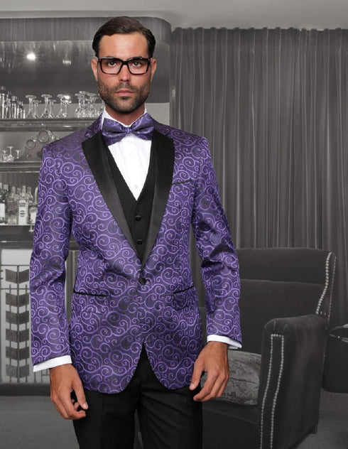 Mens Vested Swirl Patter Notch Lapel Tuxedo in Purple