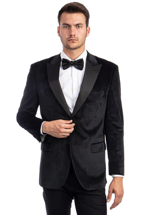 Mens Black Sport Coat - Men's Two Button Peak Lapel Velvet Wedding & Prom Tuxedo Jacket In Black