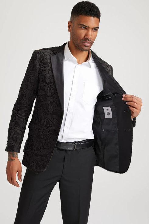 Mens Black Sport Coat - Men's Stacy Adam's Paisley Velvet Prom & Wedding Tuxedo Jacket In Black