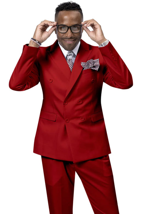 Mens Modern Double Breasted Peak Lapel  Red Suit