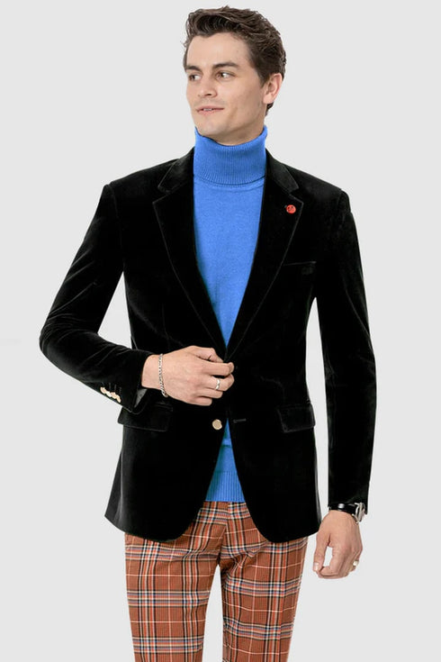 Mens Black Sport Coat - Mens Two Button Modern Fit Velvet Blazer In Black