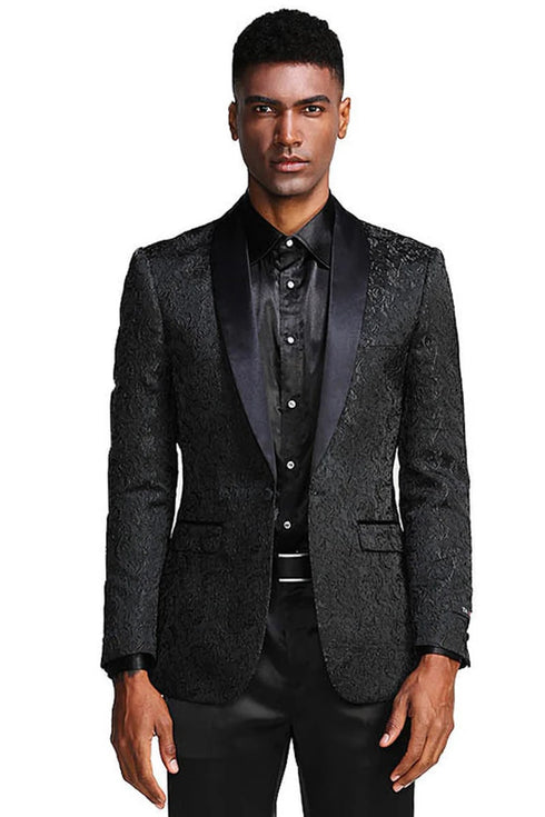 Mens Black Sport Coat - Men's Slim Fit Wedding & Prom Tonal Paisley Tuxedo Jacket In Black