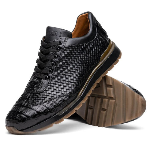 Marco Di Milano Roma Men's Shoes Black Genuine Caiman Crocodile / Woven Leather Fashion Sneakers