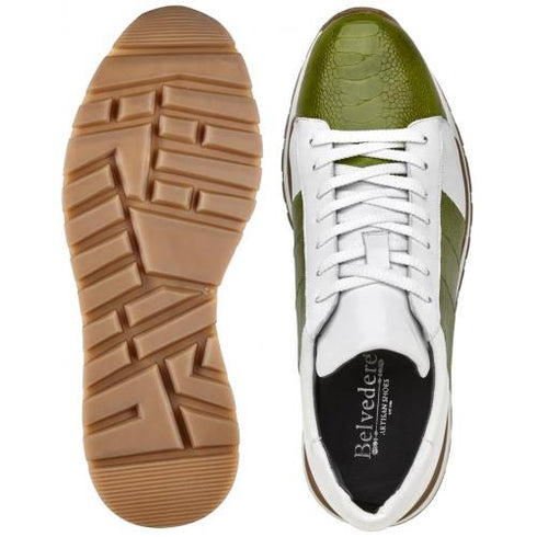 Belvedere  Blake Lime Green / White Genuine Ostrich Leg  Soft Calf Casual Sneakers