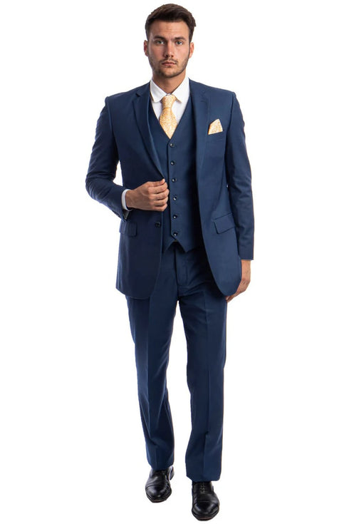 Men's Vested Two Button Solid Color Wedding & Business Suit In Indigo Blue