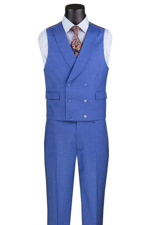 Men's Summer Sharkskin Suit With Double Breasted Vest French Blue