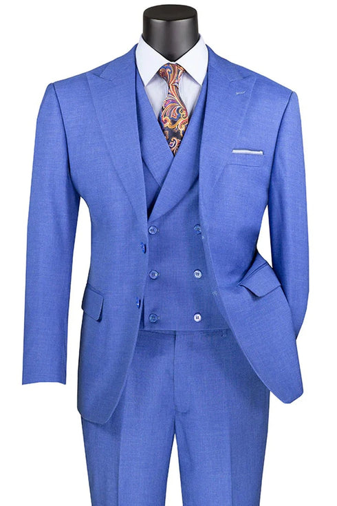 Men's Summer Sharkskin Suit With Double Breasted Vest French Blue