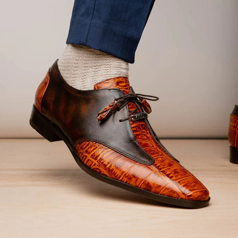 Marco Di Milano Anzio Exotic Alligator & Calfskin Leather Brandy Oxfords