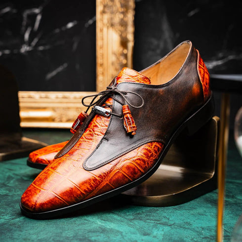 Marco Di Milano Anzio Exotic Alligator & Calfskin Leather Brandy Oxfords