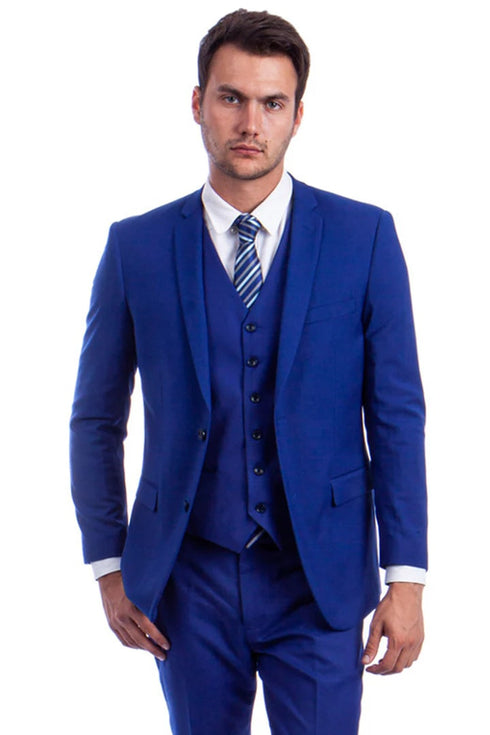 Men's Vested Two Button Solid Color Wedding & Business Royal Blue Suit