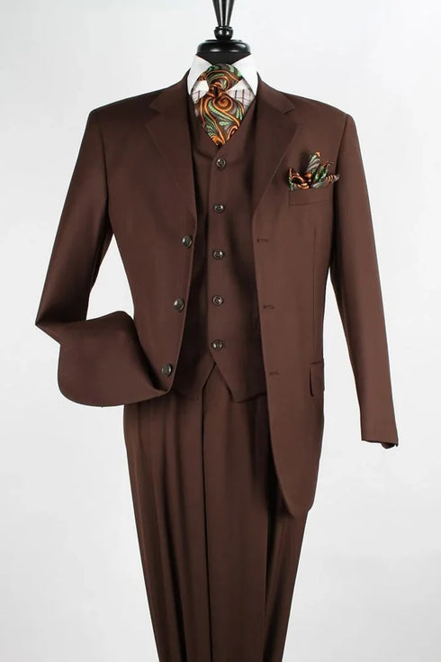 Mens Classic Fit 3 Button Vested Single Pleated Pant  Brown Suit