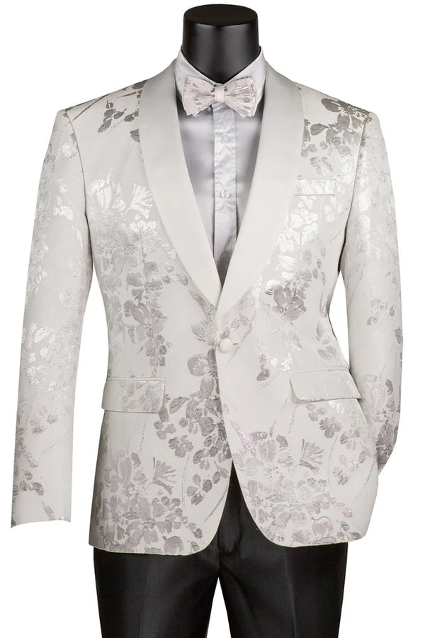 All White Mens Tuxedo -  Wedding Suit - Men's Shiny Foil Floral Paisley Prom & Wedding Tuxedo Jacket In White