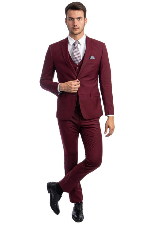 Men's Two Button Slim Fit Vested Solid Basic Burgundy Suit