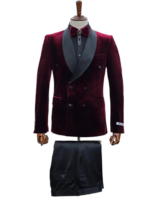 Double Breasted Tuxedo Suit  - Slim fitted - Burgundy Suit - Shawl Collar