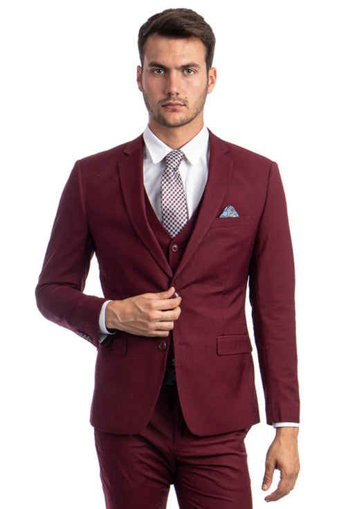 Men's Two Button Slim Fit Vested Solid Basic Burgundy Suit