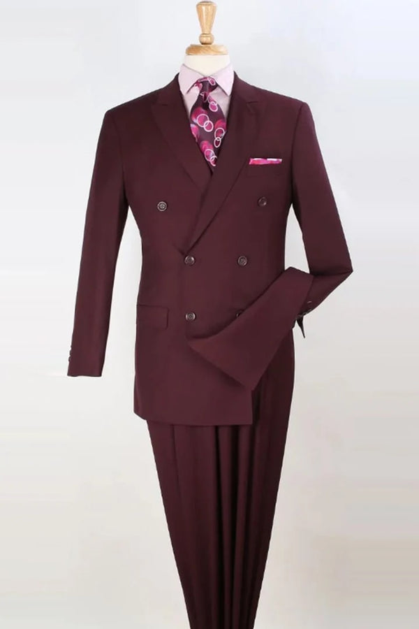 Mens Classic Double Breasted Luxury Wool Feel Suit In Burgundy