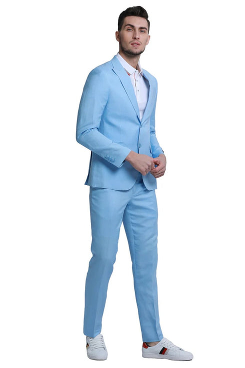 Men's Two Button Peak Lapel Summer Linen Style Beach Wedding Suit in Baby Blue