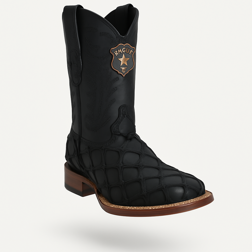 Los Altos Men's Black Matte Genuine Pirarucu Wide Square Toe Boot ...