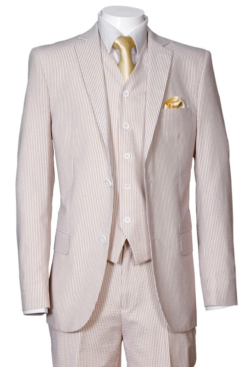 Mens 2 Button Vested Summer Seersucker Suit in Tan