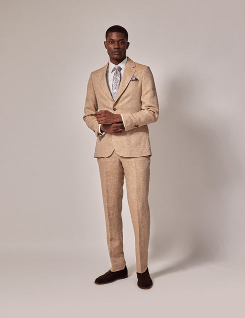 Mens Linen Suit For Beach Wedding - Summer  Suit in Beige Herringbone