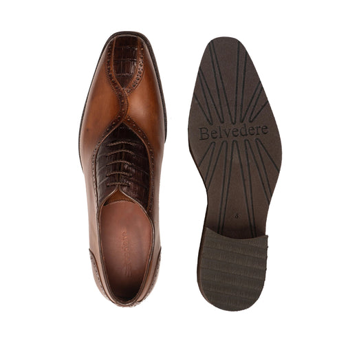 Mens Belvedere Grant Calf Skin & Crocodile Split Toe Dress Shoe in Almond Tan & Brown