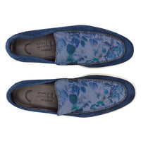Zelli Bene Sueded Goatskin Loafer with Floral Fabric Vamp in Navy
