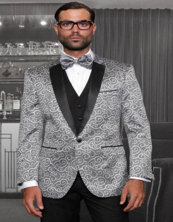 Big and Tall Size Tuxedo Dinner Jacket - Paisley Fabric Blazer in Color Silver