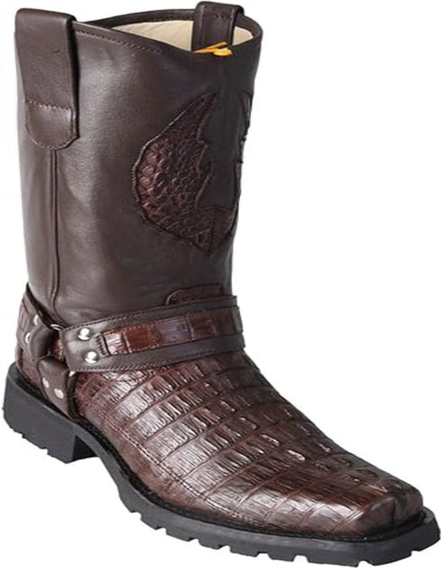 Men's Biker Design Genuine Leather Caiman Tail Western Boots with Industrial Sole