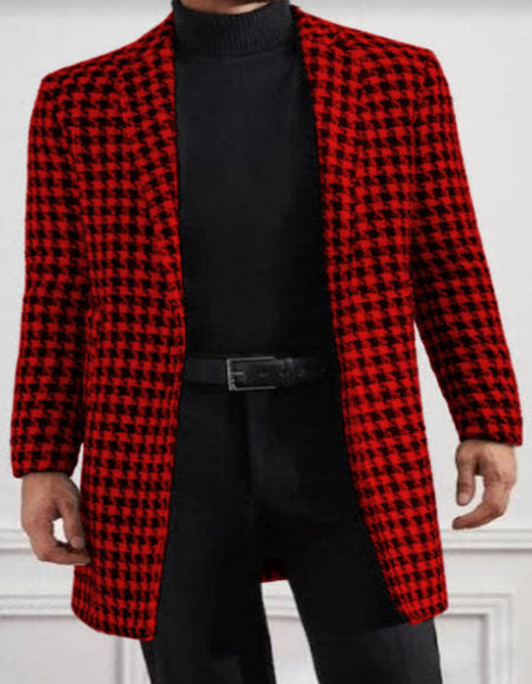 Men Houndstooth Lapel Collar Single Breasted Tweed Overcoat Black and Red