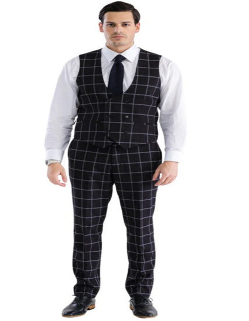 Mens Plaid Suit - Windowpane Pattern With Vest - Business Suit Black