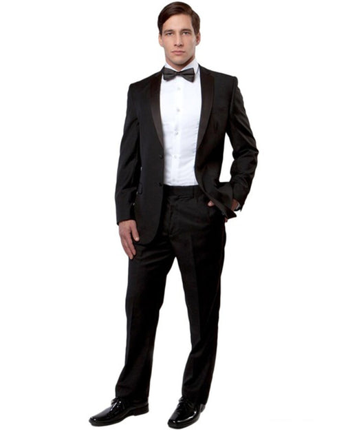 Mens Modern Fit 2 Button Notch Wool Tuxedo in Black