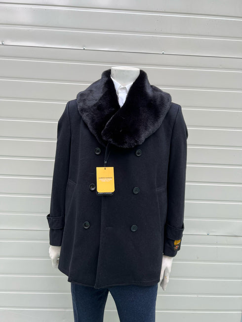Mens Black Peacoat Wool Overcoat with Faux Fur Shawl Collar – Double-Breasted Winter Peacoat
