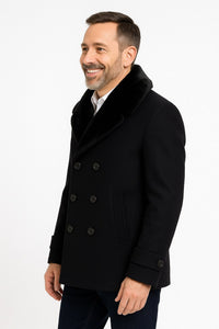 Mens Black Peacoat Wool Overcoat with Faux Fur Shawl Collar – Double-Breasted Winter Peacoat
