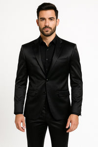 Black Satin Flex Two-Piece Suit – Slim Fit Sport Coat and Matching Pants