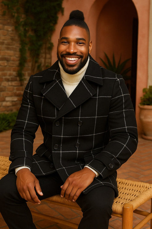Mens Black Windowpane Check Wool Overcoat – Double-Breasted Winter Peacoat
