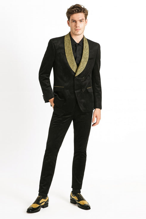 Mens Black and Gold Jacquard Tuxedo Blazer – Luxury Shawl Collar Wedding and Party Smoking Jacket