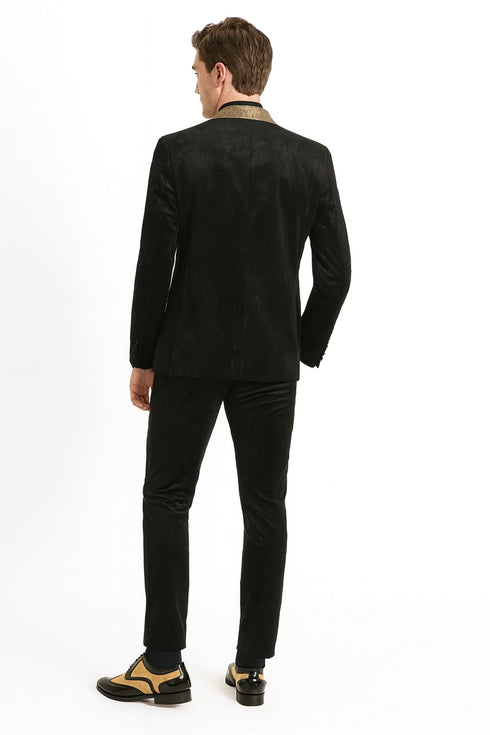 Mens Black and Gold Jacquard Tuxedo Blazer – Luxury Shawl Collar Wedding and Party Smoking Jacket
