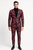 Mens Black and Pink Floral Tuxedo Suit – Magento Fucia Plumish Color Slim Fit 2 Piece Embroidered Outfit for Weddings, Prom and Formal Events