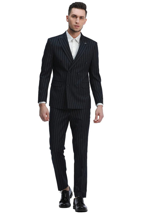 Men's Slim Fit Double Breasted Bold Gangster Pinstripe Suit In Black