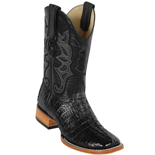 Black caiman tail square toe boot