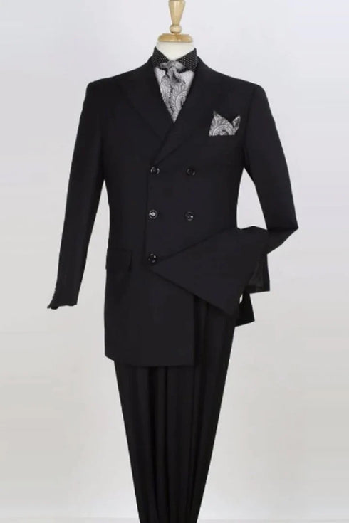 Mens Black Double Breasted Suit - Mens Three Quarter Length Double Breasted Fashion Wool Vested Suit in Black